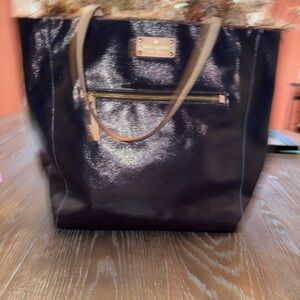 kate spade Black Patent Tote with Beige Handles and Gold Plaque